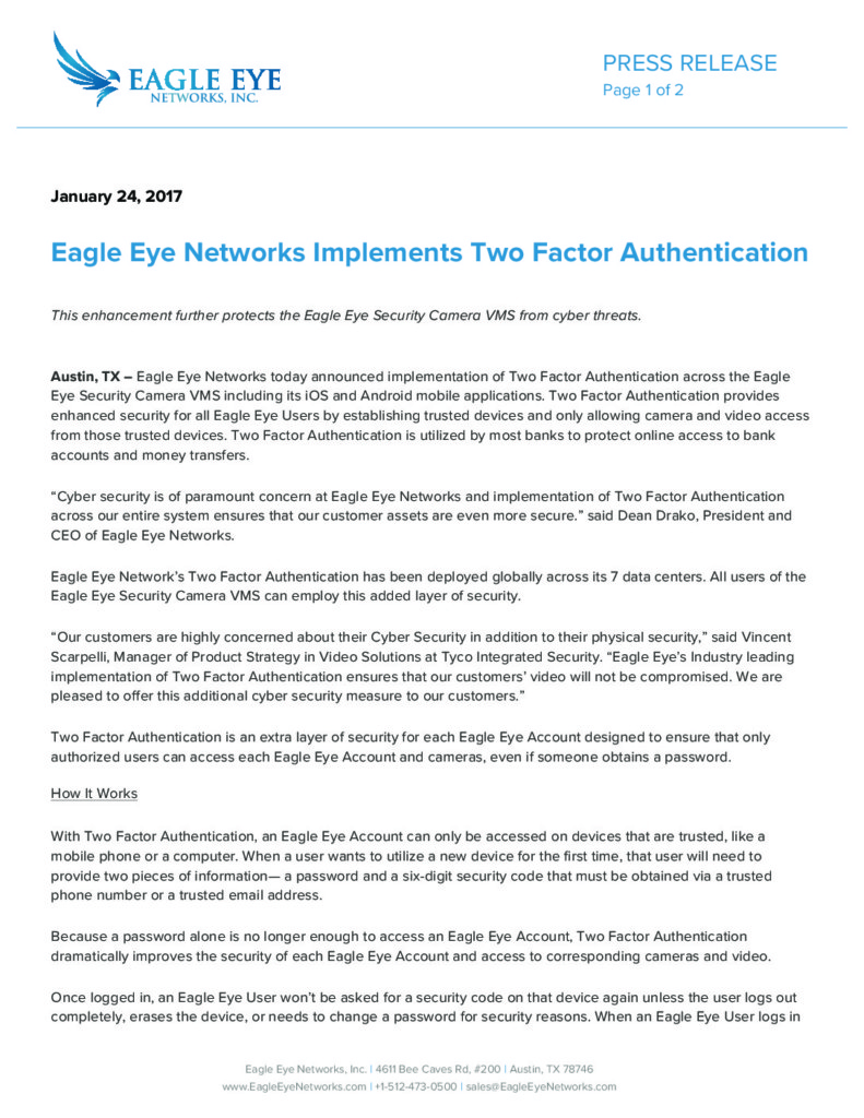 Two Factor Authentication Eagle Eye Networks
