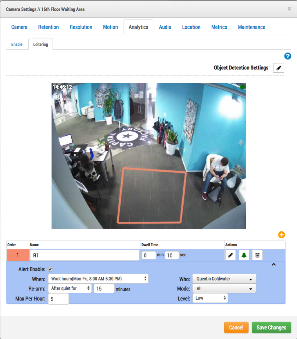 Example of Loitering Settings with an alert for the Loitering region