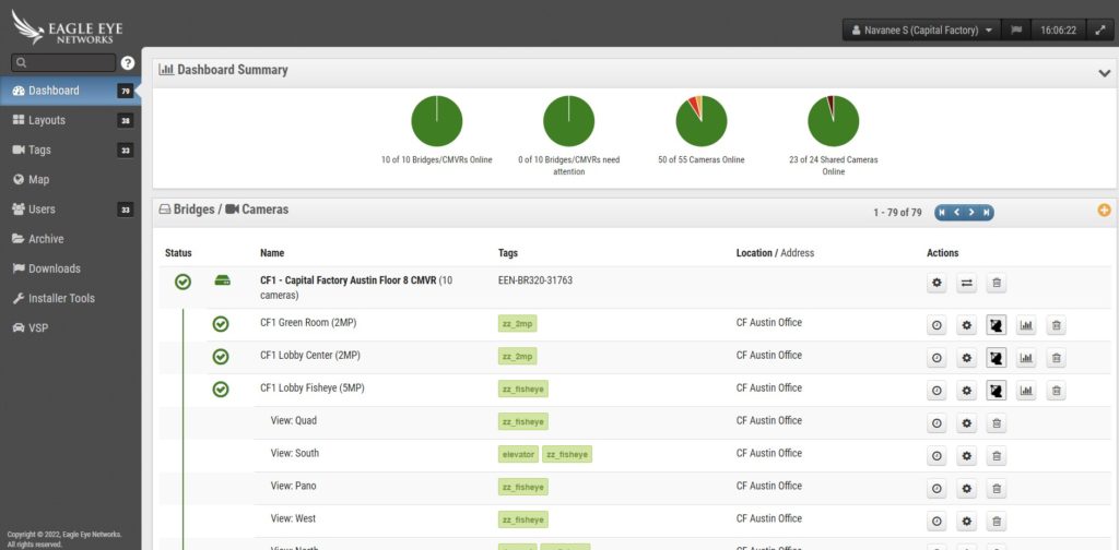 A green bridge icon on the Eagle Eye Networks VMS dashboard represents a properly functioning bridge or CMVR. Eagle Eye networks bridge health display